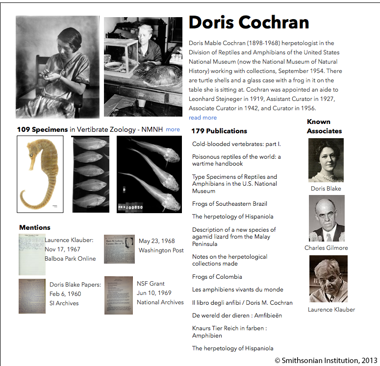 An illustration of what a page might look like for Doris Cochran, a scientist who worked at the National Museum of Natural History.  The page shows the specimens she collected, publications, papers, as well as "known associates" and "mentions" from other institutions. 