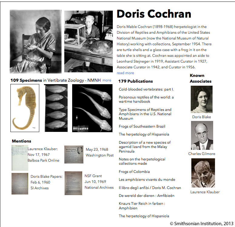 An illustration of what a page might look like for Doris Cochran, a scientist who worked at the National Museum of Natural History. The page shows the specimens she collected, publications, papers, as well as "known associates" and "mentions" from other institutions.