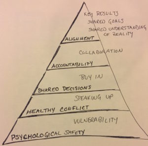 Psychological Safety and Vulnerability, Healthy Conflict and Speaking Up, Shared Decisions with Buy In, Accountability supported by collaboration, Alignment of key results, shared goal and a shared understanding of reality