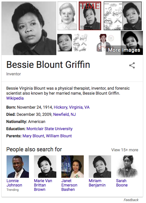 Google "knowledge card" for Bessie Blount Griffen, shows same photo for Marie Van Brittan Brown and Miriam Benjamin