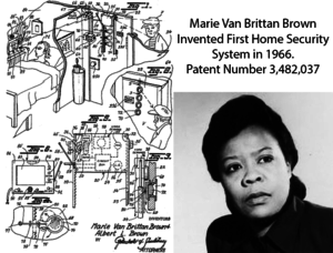 patent drawing with home security system, with text: Marie Van Brittan Brown invented First Home Security System in 1966