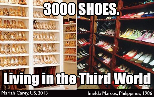 3000 SHOES: living in the third world.  Image shows closets filled with shoes, Mariah Carey's on the left and Imelda Marcos' on the right