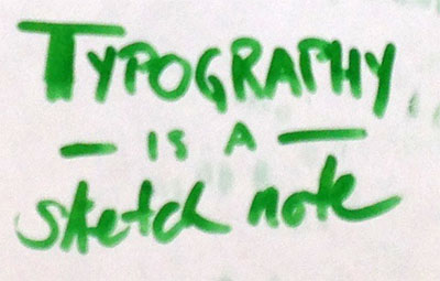 Typography is a sketch note: the word typography is in all caps, next line has "is a" with lines to the left and right filling the horizontal space, then "sketch note" is in cursive.