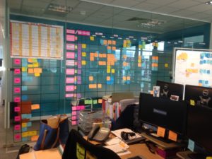 glass wall with grid of stick notes and large 2015 year planner in top-right corner