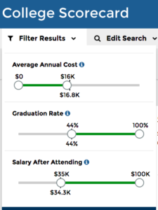 filter UI with sliders for cost, graduation rate and salary after attending
