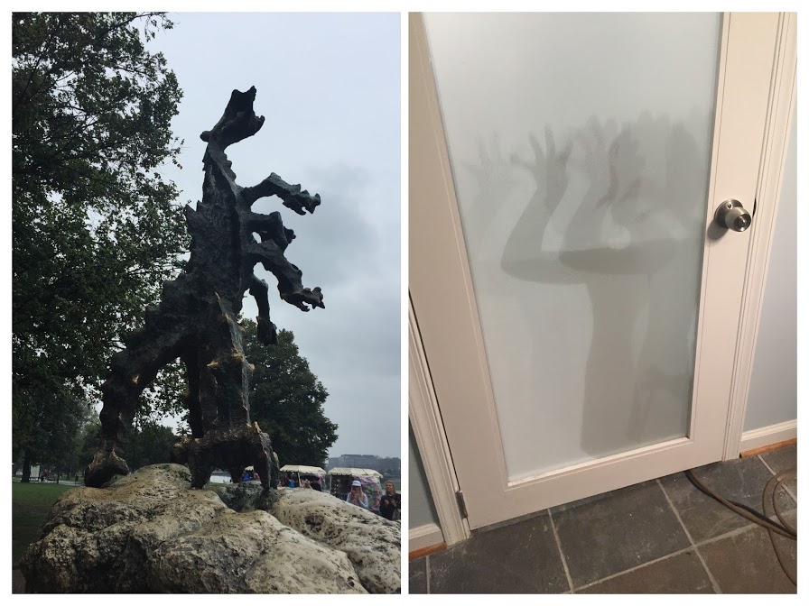 Two photos: Krakow dragon statue and child shadow that kind of looks like a dragon